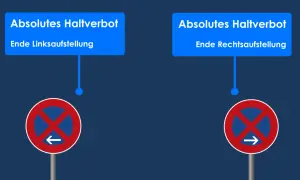 Zwei Schilder: "Absolutes Haltverbot, Ende Linksaufstellung" mit Pfeil nach links und "Absolutes Haltverbot, Ende Rechtsaufstellung" mit Pfeil nach rechts.