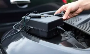 Ein schwarzes Gerät mit Kabeln liegt auf einem Auto. Zeiterfassung mit GPS erlaubt.
