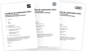 Drei Dokumente mit dem Titel "Certificat de conformité (COC)" und den Logos von Seat, VW und Audi. Ein COC-Datenblatt für Fahrzeuge.