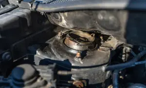 Rostiges Domlager im Motorraum. Mögliche domlager defekt symptome sind Geräusche beim Lenken oder Fahren.