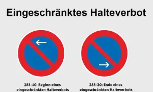 Zwei Verkehrszeichen: Beginn eines eingeschränkten Halteverbots (links) und Ende eines eingeschränkten Halteverbots (rechts). Hier ist das Parken verboten, Taxen müssen weiterfahren.
