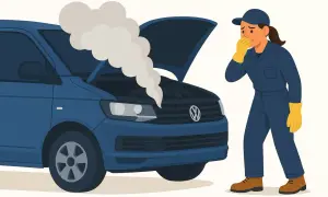 Mechanikerin hält sich die Nase zu, da die Kupplung nach Bergfahrt stinkt. Rauch steigt aus dem offenen Motorraum des blauen Autos.