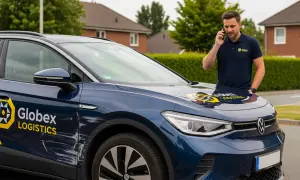 Mann telefoniert neben beschädigtem Firmenwagen. Kratzer am Auto, die zur Firmenwagen Selbstbeteiligung führen könnten.
