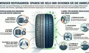 Grafik zeigt Reifenverschleiß: Schulter-, Mittel- und Kantenabrieb. Symptome wie **reifen unwucht symptome** können durch falschen Reifendruck oder Achsgeometrie entstehen.