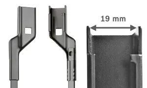 Detailaufnahme von Adaptern für Bosch Scheibenwischer wechseln. Die Breite beträgt 19 mm.