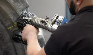 Ein Mechaniker repariert einen Reifen mit einem Vulkanisationsgerät. Die Hitze schmilzt das Gummi, um den Schaden zu beheben.