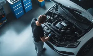 Mechaniker prüft Motor, weil das **auto ruckelt beim gas geben**. Werkstatt mit Werkzeugschränken im Hintergrund.