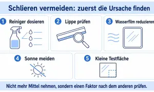 Schlieren vermeiden: Reiniger richtig dosieren, Lippe prüfen, Wasserfilm reduzieren, Sonne meiden, kleine Testfläche. So werden schmieren der Scheibenwischer verhindert.