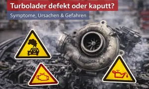 Ein defekter Turbolader raucht und zeigt Warnsymbole für Motoröl und Motorkontrollleuchte. Symptome eines Turbolader defekt sind hier visuell dargestellt.