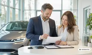 Mann und Frau besprechen Dokumente in Autohaus. Sie klären, was ein geldwerter Vorteil ist, vielleicht beim Autokauf.