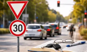 Verkehrsschilder und ein Buch mit Schlüsseln und Brille. Das Buch könnte die **Fahrzeughalter Definition** erklären, während Autos im Stau stehen.