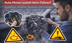Mann im Auto verzweifelt, weil der **Auto Motor ruckelt**. Warnsymbole und Zündkerzen deuten auf Probleme hin.