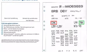 Fahrzeugschein-Auszug mit Motorcode "CDNC" und weiteren technischen Daten.