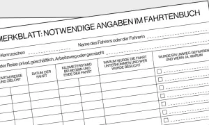 Fahrtenbuch-Formular mit Feldern für Kennzeichen, Fahrer, Reiseart, Start/Ziel, Datum, Kilometerstand, Zweck und Umwege. Hier wird dokumentiert, was eine Betriebsfahrt ausmacht.