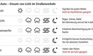Die Lichter im Auto haben verschiedene Farben: Tagfahrlicht ist grau, Abblendlicht und Nebelscheinwerfer grün, Fernlicht blau und Standlicht orange.