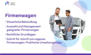Zwei Männer besprechen einen Firmenwagen. Der Text thematisiert steuerliche Behandlung und die steuerfreie Nutzung, z.B. durch einen tankgutschein.