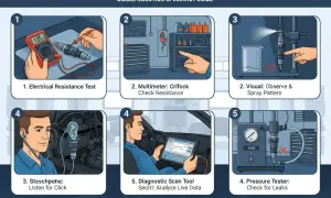 Anleitung zur Diagnose eines defekten Injektors. Prüfen mit Multimeter, Stethoskop, Sprühbild, Drucktester und Fehlerspeicher auslesen.
