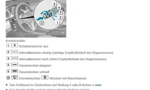 Kombischalter am Lenkrad: So können Sie die Scheibenwischer anmachen. Verschiedene Stufen für Intervall, Dauerbetrieb und Waschen.