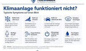 Infografik zeigt typische Symptome, wenn die Klimaanlage defekt ist: kühlt nicht, beschlagene Scheiben, muffiger Geruch, ungewöhnliche Geräusche.