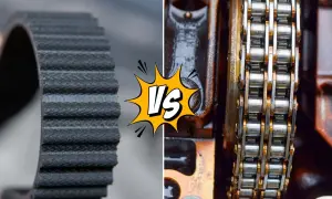 Vergleich von steuerkette oder zahnriemen tabelle: ein Zahnriemen aus Gummi steht einer metallischen Steuerkette gegenüber.