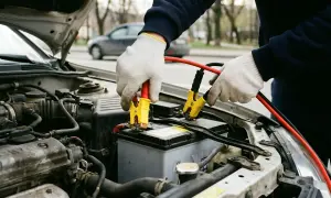 Hände mit Handschuhen schließen Starthilfekabel an eine tiefentladene Autobatterie an, um sie wieder zum Leben zu erwecken.