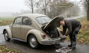 Mann repariert seinen Käfer, der im Stand ruckelt. Dampf steigt aus dem Motorraum, Werkzeug liegt bereit.