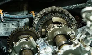 Nahaufnahme eines Motors mit Zahnrädern und Steuerkette. Ein Mechaniker prüft, wann steuerkette wechseln.