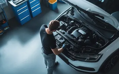 Mechaniker prüft Motor, weil das **auto ruckelt beim gas geben**. Werkstatt mit Werkzeugschränken im Hintergrund.
