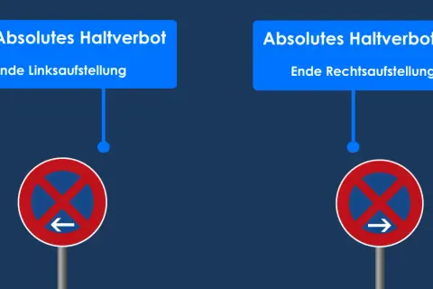 Zwei Schilder: "Absolutes Haltverbot, Ende Linksaufstellung" mit Pfeil nach links und "Absolutes Haltverbot, Ende Rechtsaufstellung" mit Pfeil nach rechts.