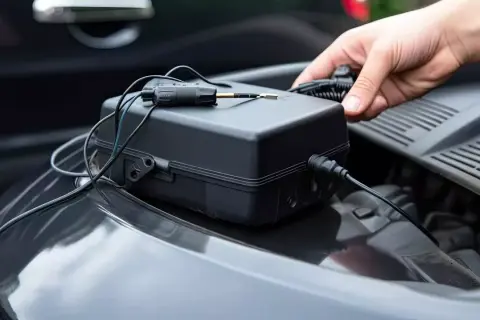 Ein schwarzes Gerät mit Kabeln liegt auf einem Auto. Zeiterfassung mit GPS erlaubt.