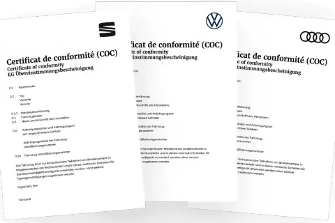 Drei Dokumente mit dem Titel "Certificat de conformité (COC)" und den Logos von Seat, VW und Audi. Ein COC-Datenblatt für Fahrzeuge.