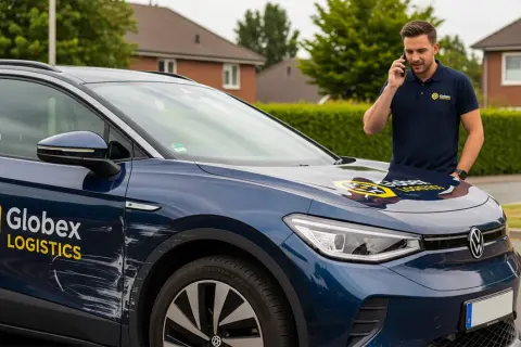 Mann telefoniert neben beschädigtem Firmenwagen. Kratzer am Auto, die zur Firmenwagen Selbstbeteiligung führen könnten.