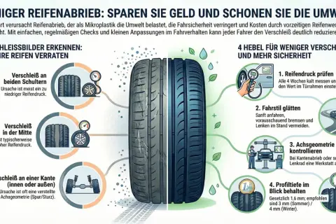 Grafik zeigt Reifenverschleiß: Schulter-, Mittel- und Kantenabrieb. Symptome wie **reifen unwucht symptome** können durch falschen Reifendruck oder Achsgeometrie entstehen.