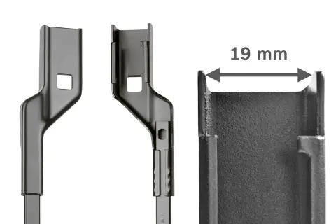 Detailaufnahme von Adaptern für Bosch Scheibenwischer wechseln. Die Breite beträgt 19 mm.