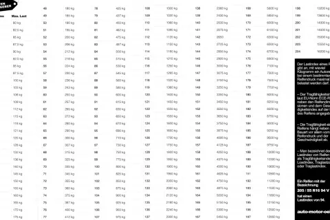 Tabelle zeigt Lastindex und maximale Traglast von Reifen. Ein Lastindex von 94 bedeutet 670 kg Traglast.