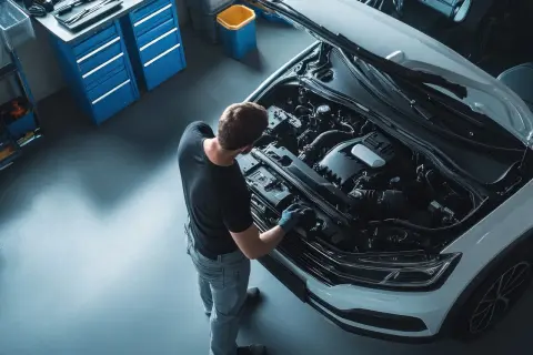 Mechaniker prüft Motor, weil das **auto ruckelt beim gas geben**. Werkstatt mit Werkzeugschränken im Hintergrund.