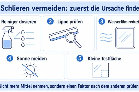 Schlieren vermeiden: Reiniger richtig dosieren, Lippe prüfen, Wasserfilm reduzieren, Sonne meiden, kleine Testfläche. So werden schmieren der Scheibenwischer verhindert.