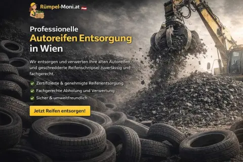 Bagger greift Reifen. Professionelle Autoreifen Entsorgung in Wien. Zuverlässig und umweltfreundlich alte Reifen entsorgen.