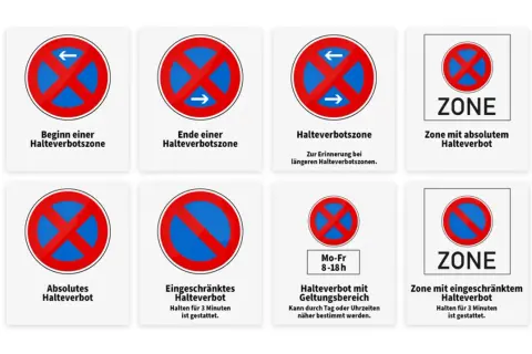 Verkehrsschilder erklären, wann und wo man in Parkverbotszonen halten darf.