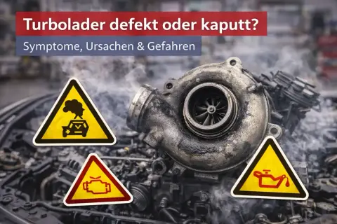 Ein defekter Turbolader raucht und zeigt Warnsymbole für Motoröl und Motorkontrollleuchte. Symptome eines Turbolader defekt sind hier visuell dargestellt.