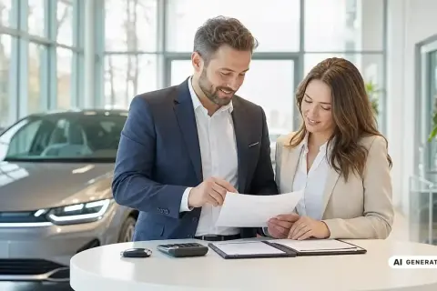 Mann und Frau besprechen Dokumente in Autohaus. Sie klären, was ein geldwerter Vorteil ist, vielleicht beim Autokauf.