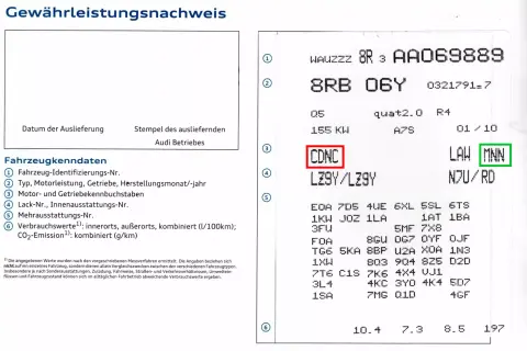 Fahrzeugschein-Auszug mit Motorcode "CDNC" und weiteren technischen Daten.