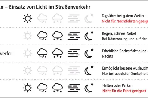 Die Lichter im Auto haben verschiedene Farben: Tagfahrlicht ist grau, Abblendlicht und Nebelscheinwerfer grün, Fernlicht blau und Standlicht orange.