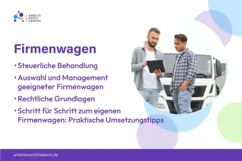 Zwei Männer besprechen einen Firmenwagen. Der Text thematisiert steuerliche Behandlung und die steuerfreie Nutzung, z.B. durch einen tankgutschein.