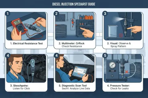 Anleitung zur Diagnose eines defekten Injektors. Prüfen mit Multimeter, Stethoskop, Sprühbild, Drucktester und Fehlerspeicher auslesen.