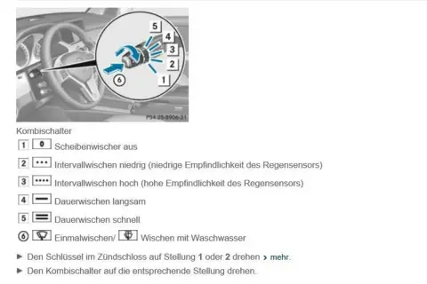 Kombischalter am Lenkrad: So können Sie die Scheibenwischer anmachen. Verschiedene Stufen für Intervall, Dauerbetrieb und Waschen.