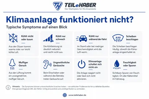 Infografik zeigt typische Symptome, wenn die Klimaanlage defekt ist: kühlt nicht, beschlagene Scheiben, muffiger Geruch, ungewöhnliche Geräusche.