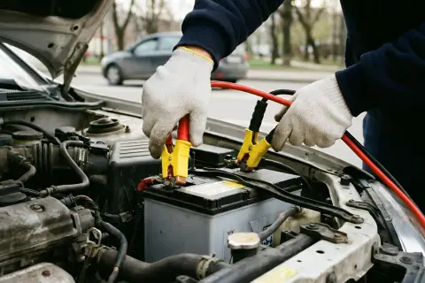 Hände mit Handschuhen schließen Starthilfekabel an eine tiefentladene Autobatterie an, um sie wieder zum Leben zu erwecken.