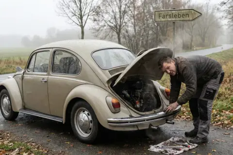 Mann repariert seinen Käfer, der im Stand ruckelt. Dampf steigt aus dem Motorraum, Werkzeug liegt bereit.
