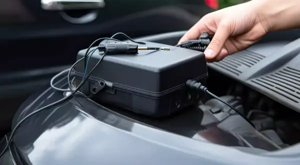 Ein schwarzes Gerät mit Kabeln liegt auf einem Auto. Zeiterfassung mit GPS erlaubt.